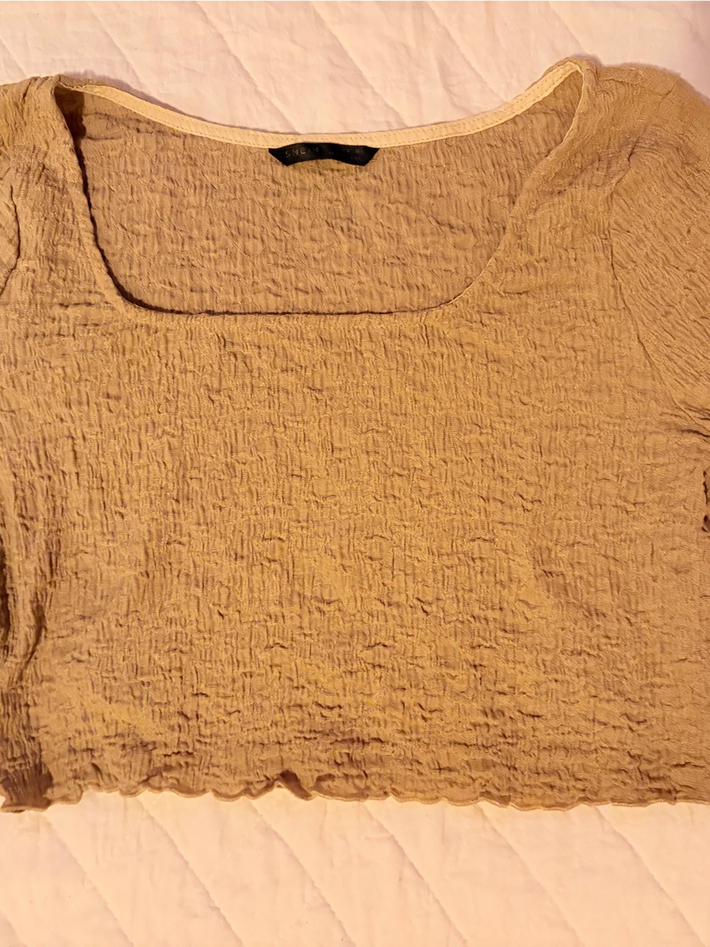SHEIN Tan Ribbed Bell- Sleeve Scallop Hem Crop Top - Picture 2 of 3